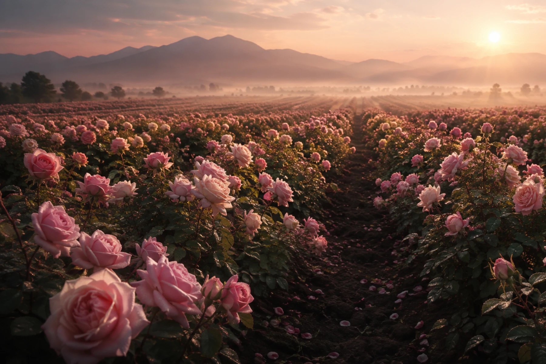Editorial visualization of pink Rosa damascena roses at dawn